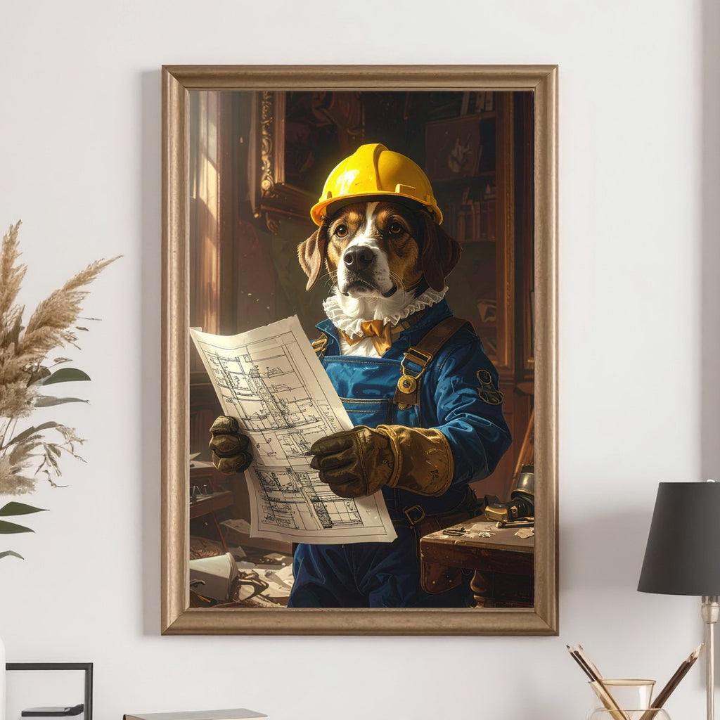 Custom Pet Portrait - Construction Worker with Helmet & Blueprints