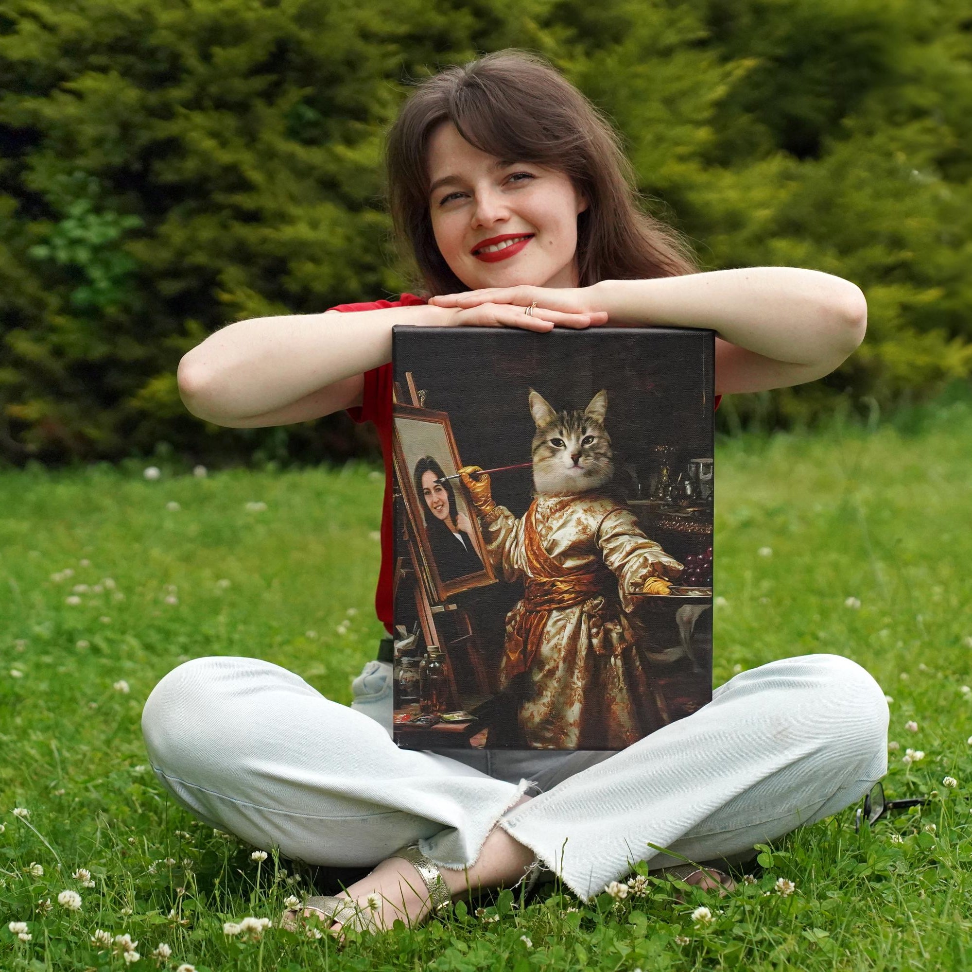 Custom Cat Portrait - Two Cats on Train Reading Newspaper - Funny Renaissance Pet Art - Digital File, Canvas, Poster or Framed Photo