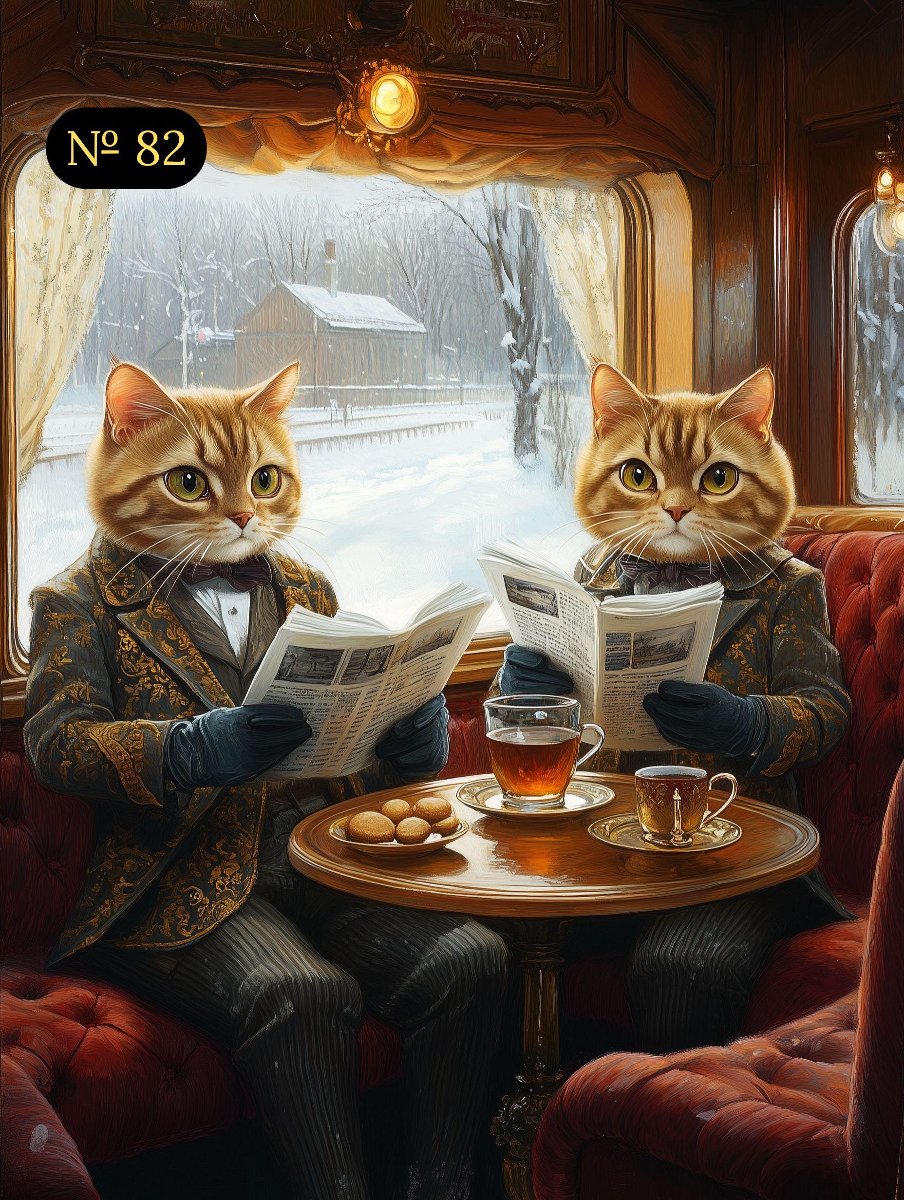 Custom Cat Portrait - Two Cats on Train Reading Newspaper - Funny Renaissance Pet Art - Digital File, Canvas, Poster or Framed Photo