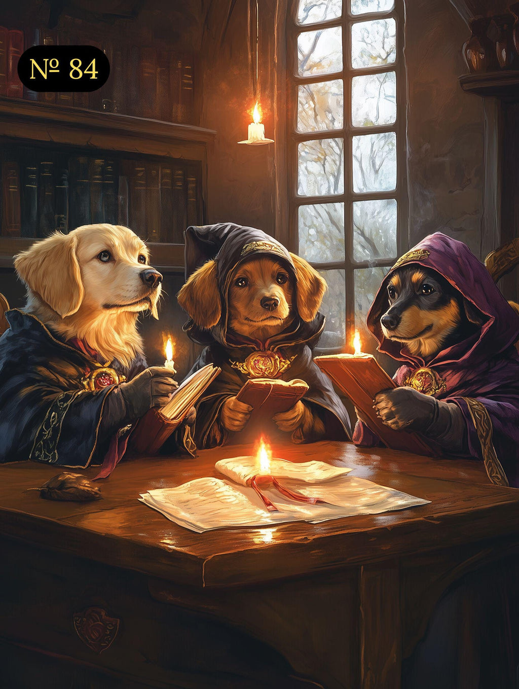 Custom Pet Portrait - Three Dogs Reading by Candlelight - Dark Academia Pet Art - Hooded Wizard Pets in Robes - Canvas, Poster or Digital