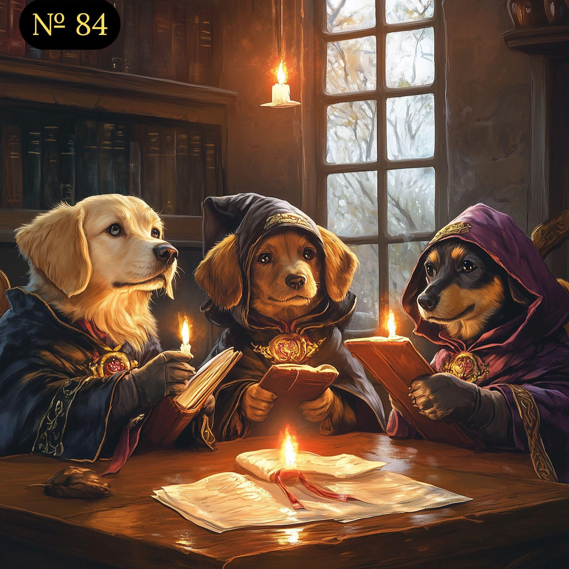 Custom Portrait - Three Pets Reading by Candlelight