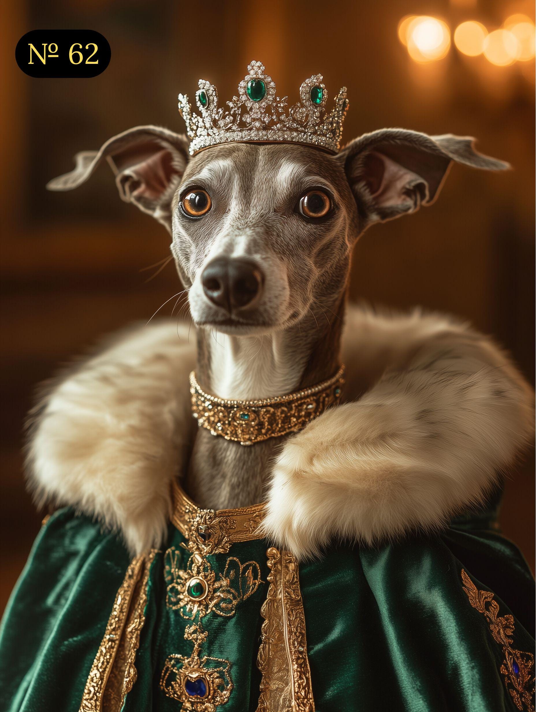 Custom Pet Portrait - Royal Pet in Green Dress and Crown, Elegant Girl Dog or Cat Art - Poster, Canvas or Digital Portrait