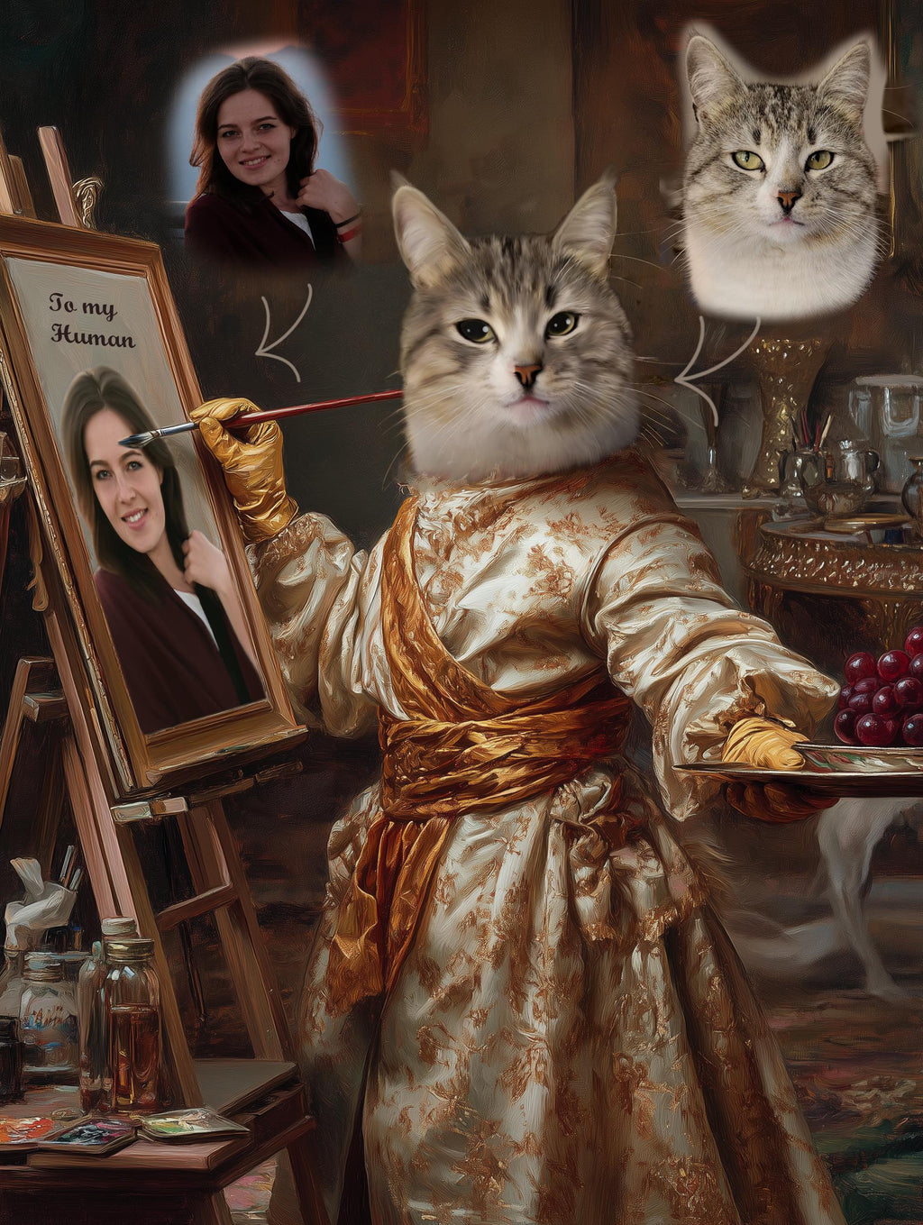 Custom Royal Pet Portrait from Photo - Cat Painting Its Owner - Funny Personalized Renaissance Style Canvas, Poster or Framed Photo