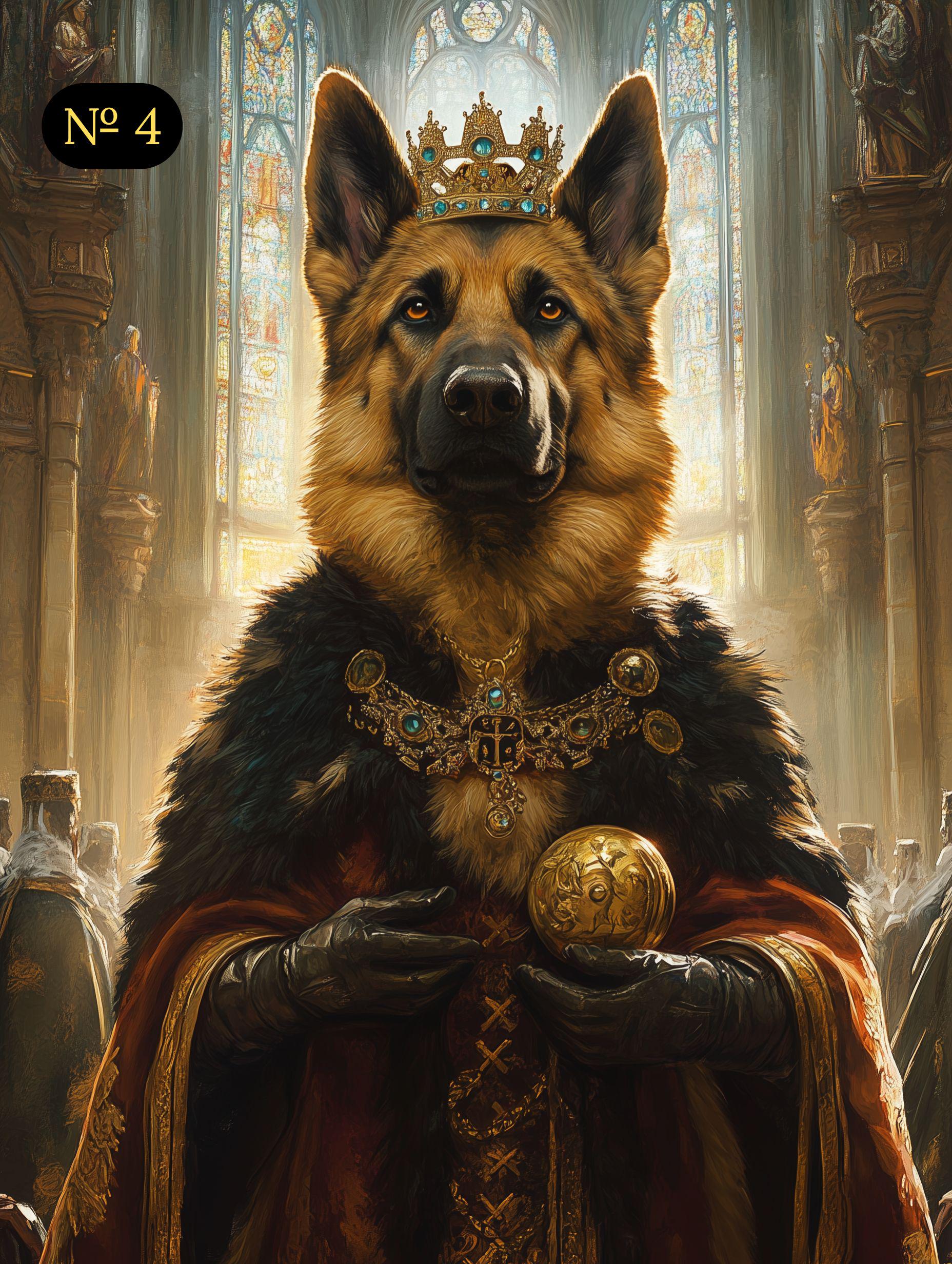 Custom Royal Pet Portrait - Coronation Dog in Crown Holding Orb, Noble Pet in Temple, Renaissance King Pet Art - Digital, Canvas or Poster