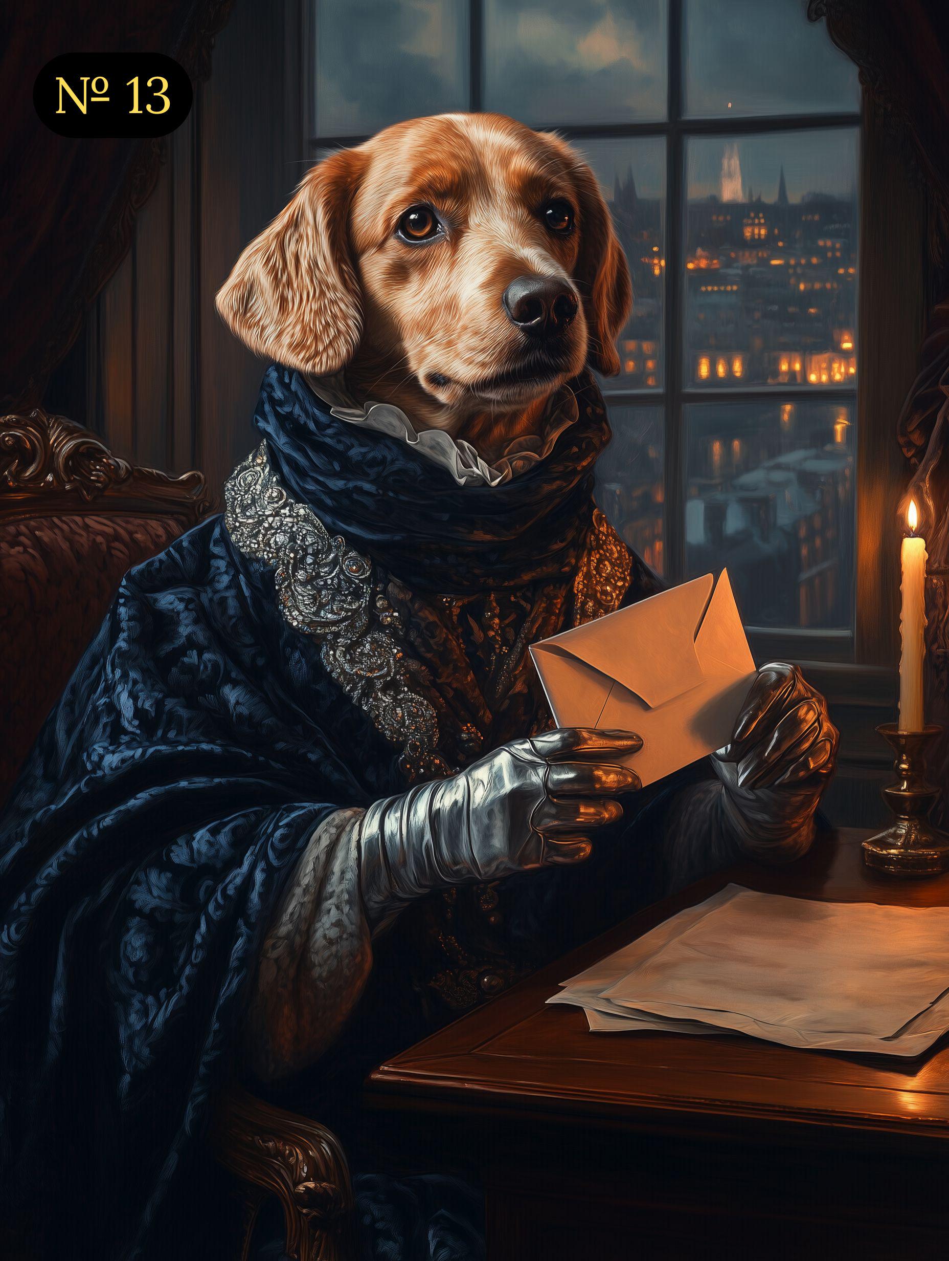 Custom Renaissance Pet Portrait - Mysterious Pet Holding Letter, Noble Pet in Shadows, Dramatic Dark Pet Art, Digital, Canvas or Poster Gift