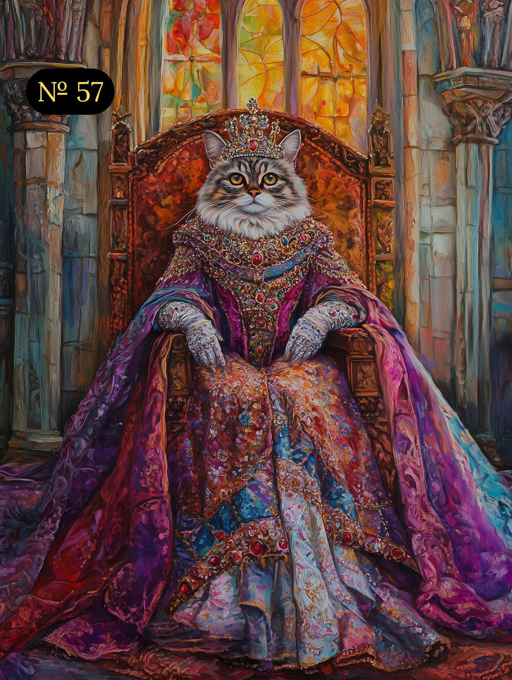 Custom Royal Pet Portrait - Girl Pet on Throne in Purple Dress - Renaissance Queen Pet Art - Canvas, Poster or Digital Portrait