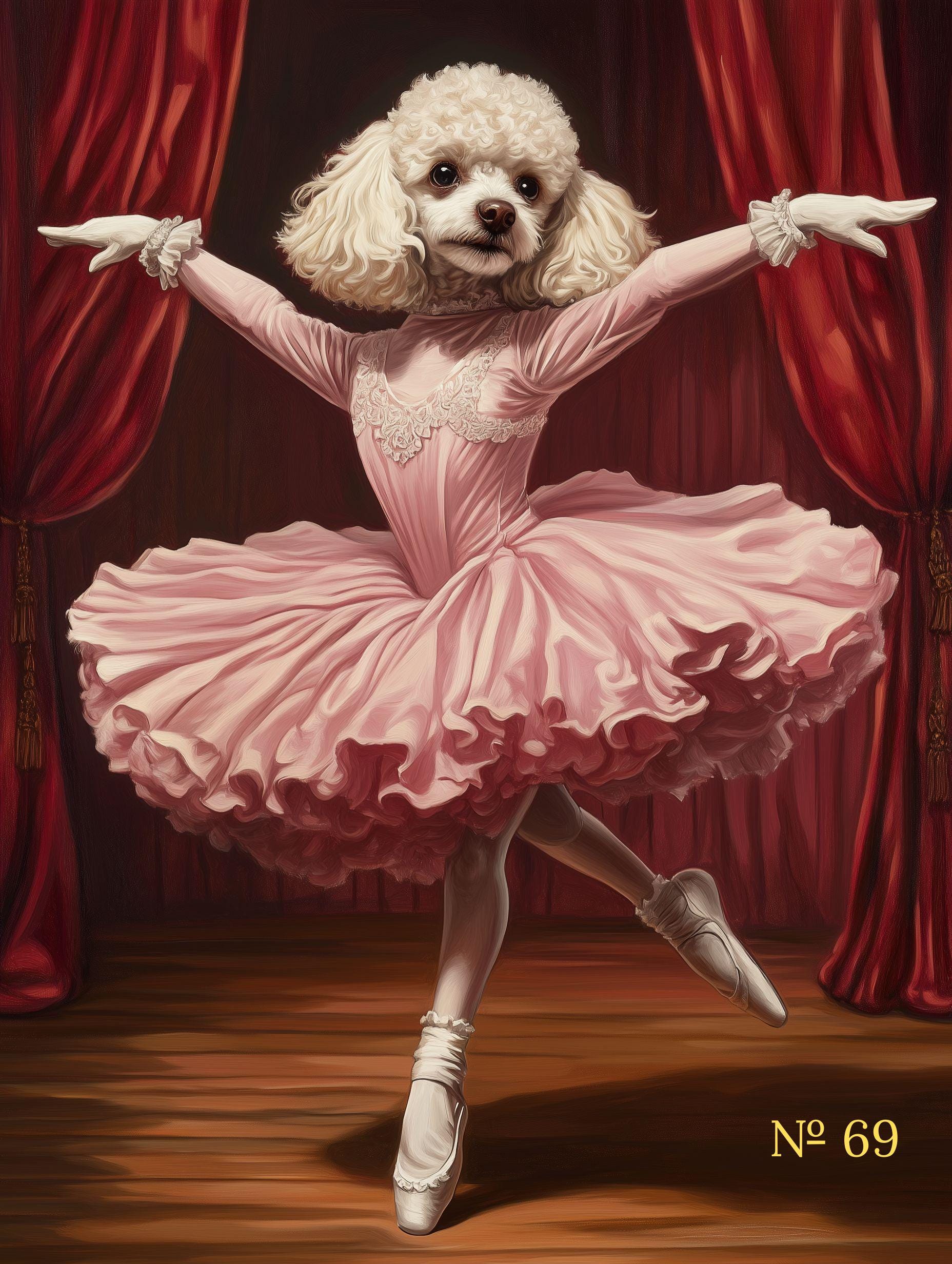 Ballerina Pet Portrait on Canvas, Dancing Pet in Pink Dress Portrait, Renaissance Dog Portrait from Photo, Pet Owner Gift