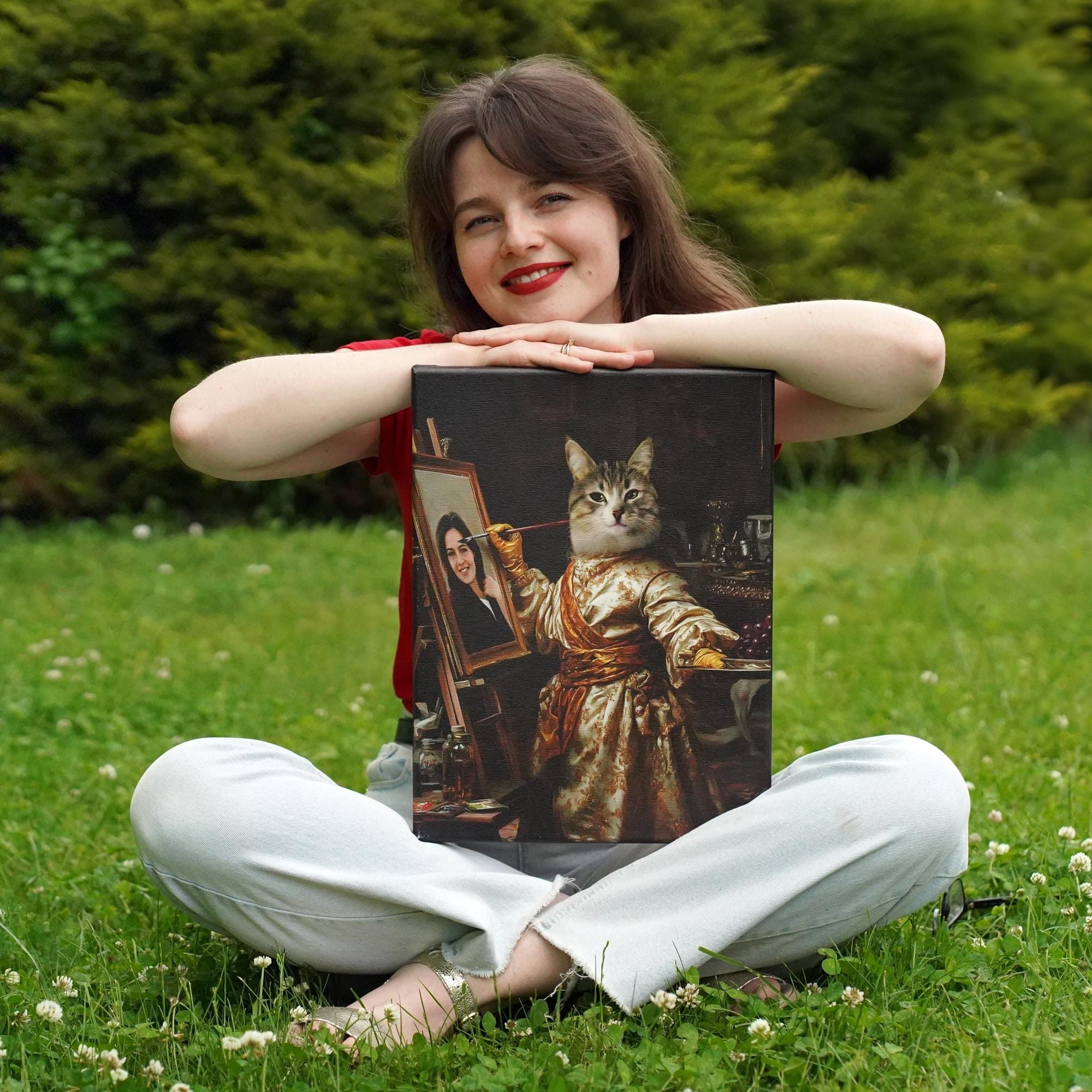 Custom Royal Pet Portrait from Photo - Cat Painting Its Owner - Funny Personalized Renaissance Style Canvas, Poster or Framed Photo