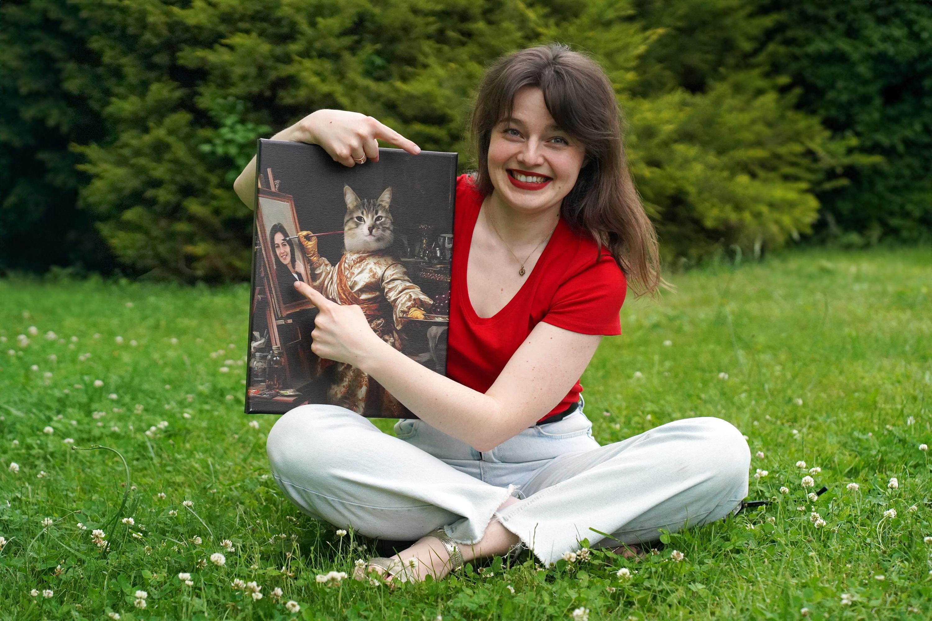 Custom Royal Pet Portrait from Photo - Cat Painting Its Owner - Funny Personalized Renaissance Style Canvas, Poster or Framed Photo