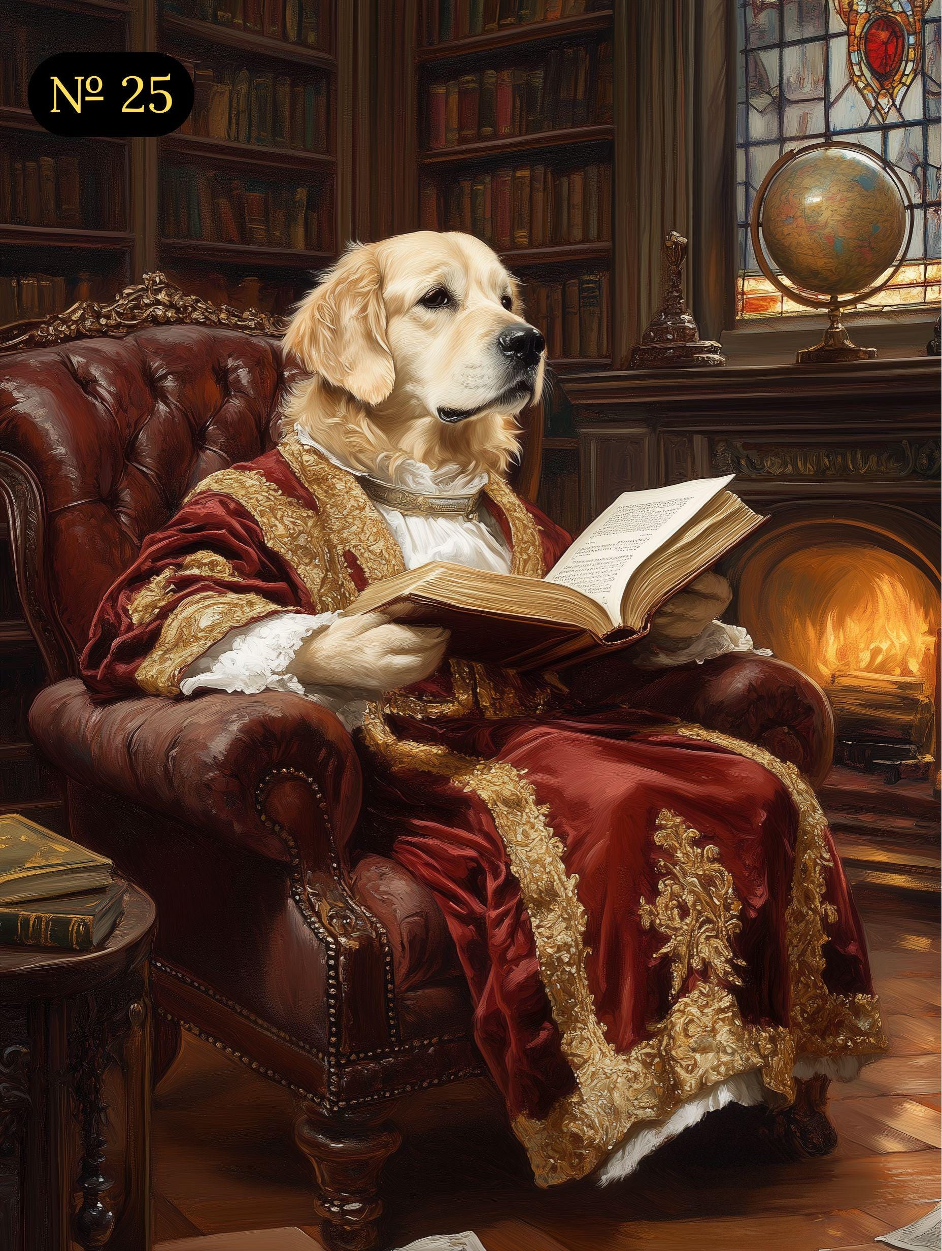 Custom Pet Portrait - Renaissance Pet Reading a Book, Royal Animal Sitting on Chair - Canvas, Poster or Digital Portrait, Funny Gift for Pet