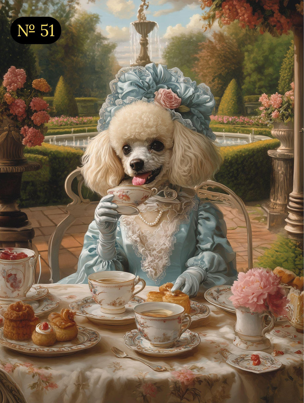 Custom Royal Pet Portrait - Renaissance Lady Pet Drinking Tea - Elegant Pet Art - Canvas, Poster or Digital Portrait - Funny Gift for Pet