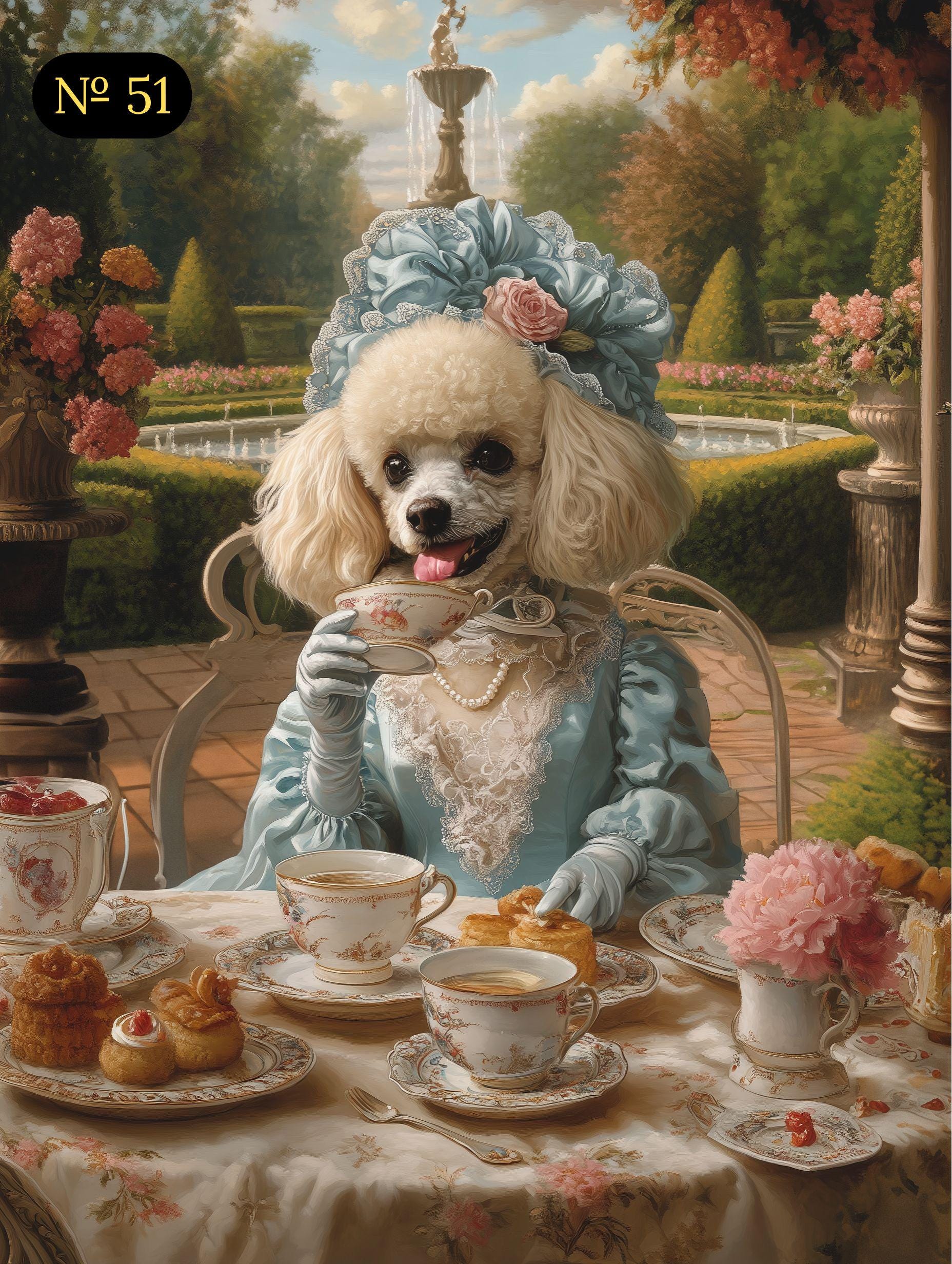 Custom Royal Pet Portrait - Renaissance Lady Pet Drinking Tea - Elegant Pet Art - Canvas, Poster or Digital Portrait - Funny Gift for Pet