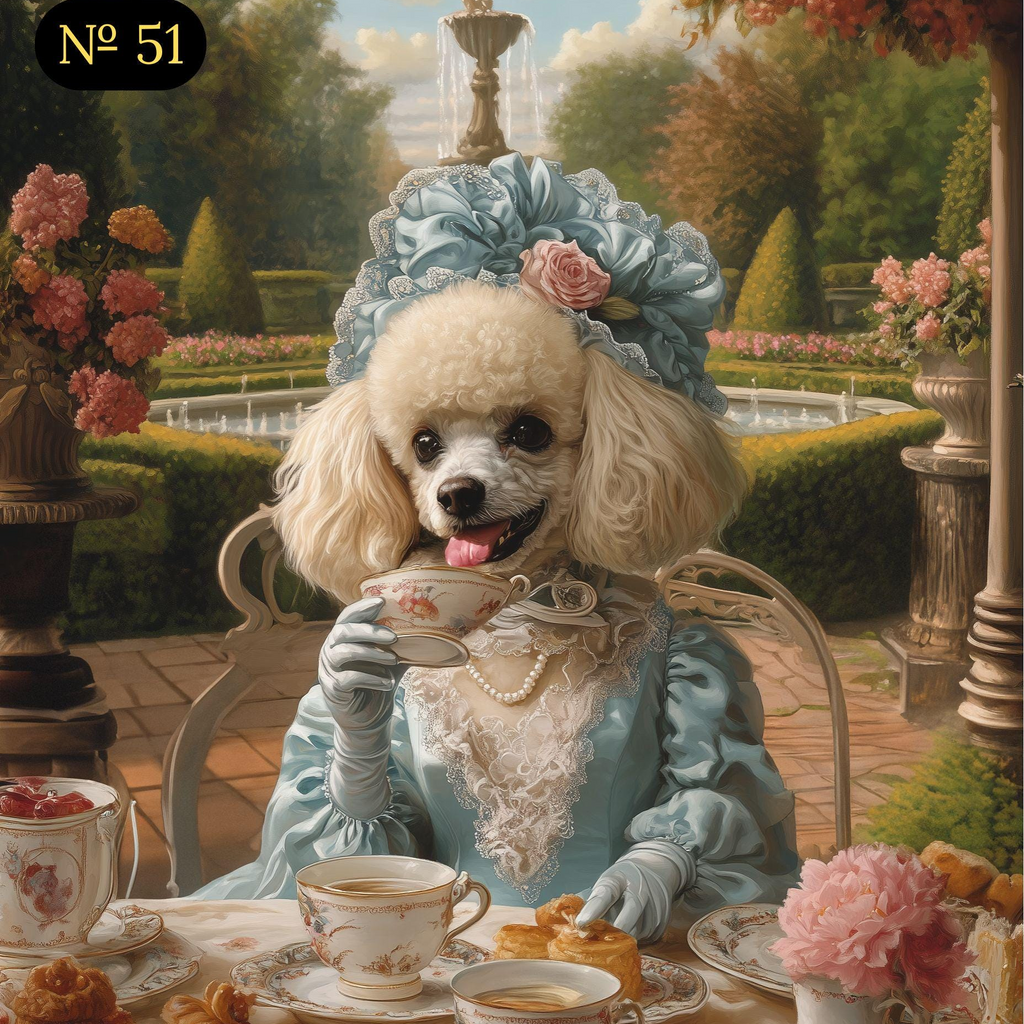 Custom Royal Pet Portrait - Renaissance Lady Pet Drinking Tea