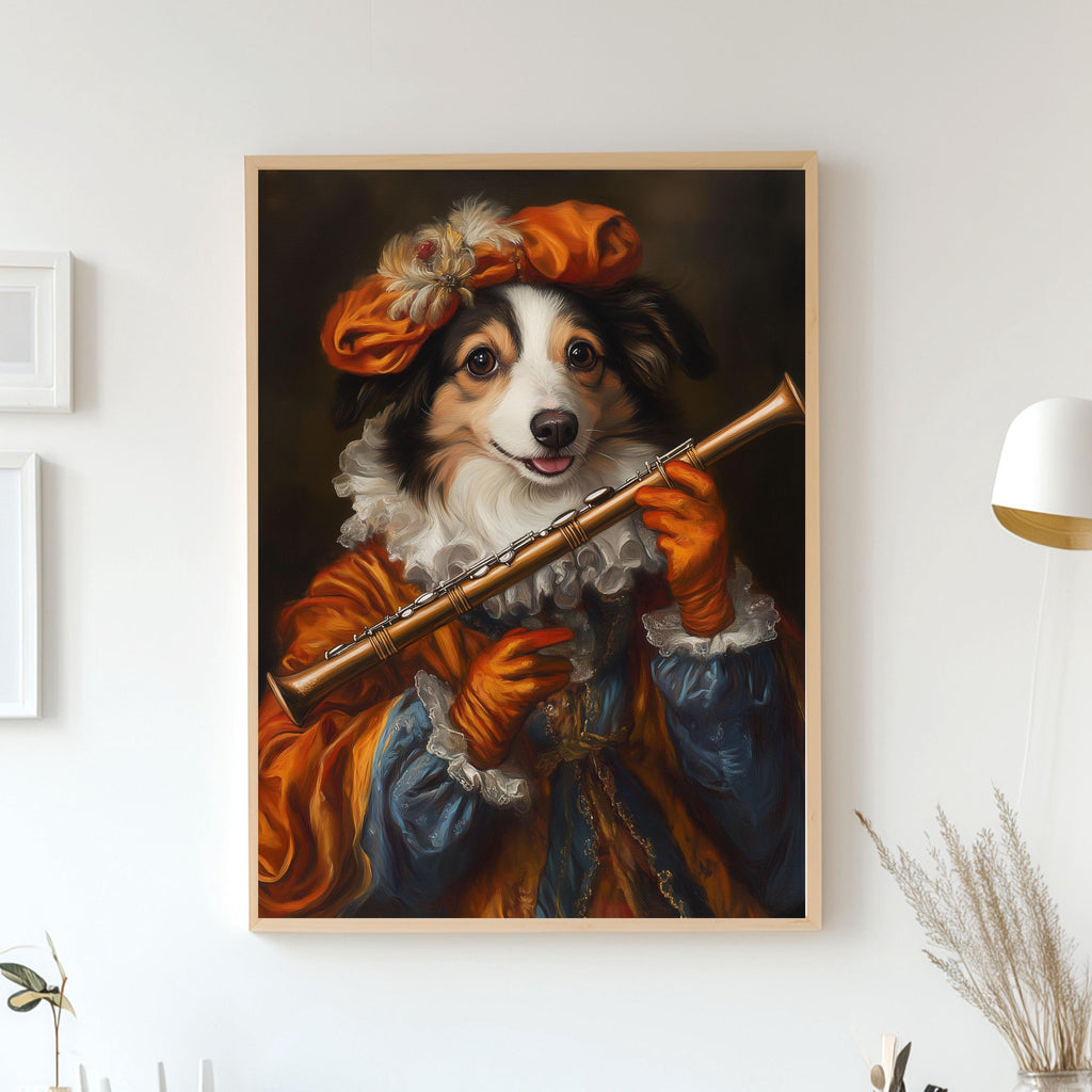 Royal Pet Portrait from Photo - Pet Playing Flute in Costume and Gloves, Custom Renaissance Pet Portrait, Canvas, Poster or Digital Portrait