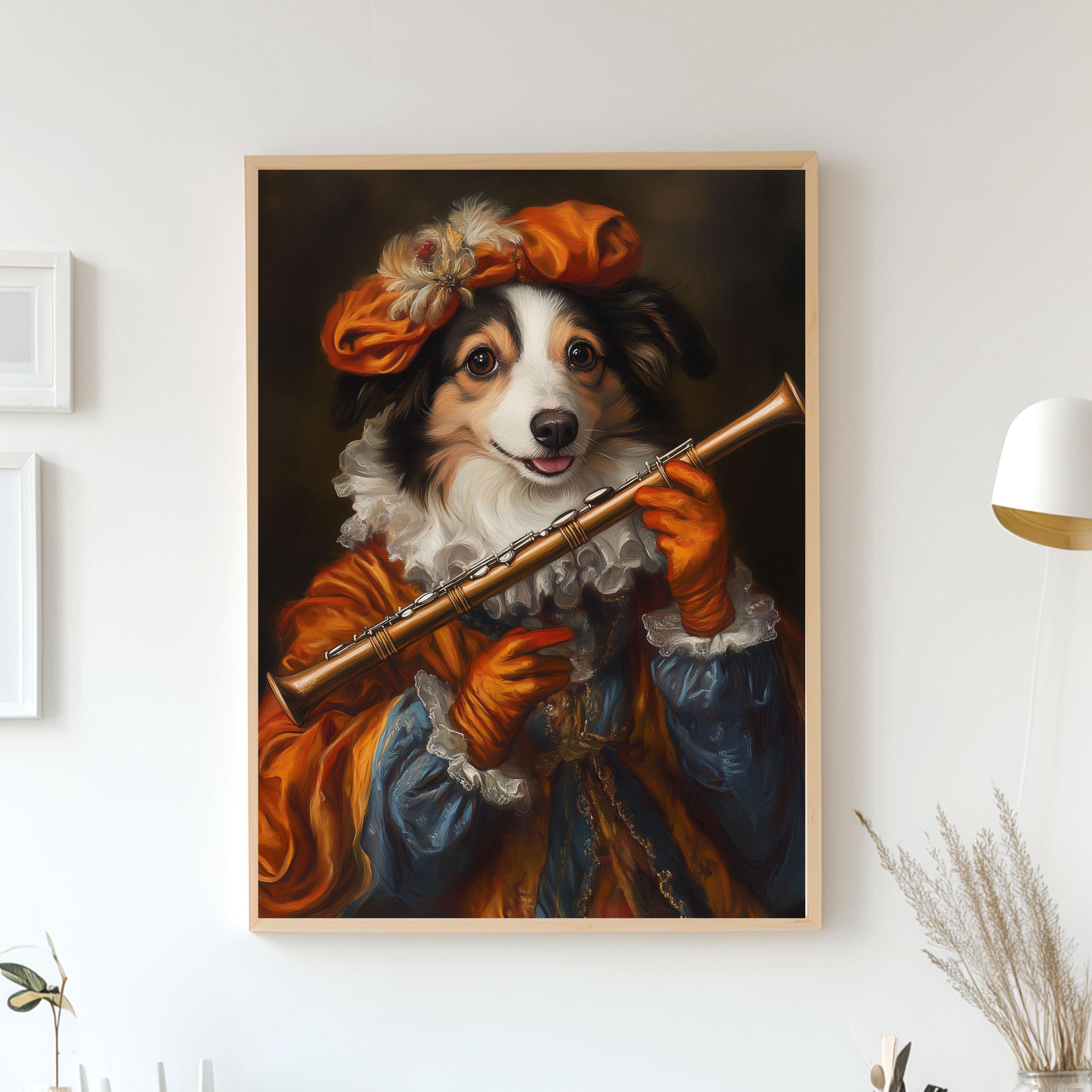 Royal Pet Portrait from Photo - Pet Playing Flute in Costume and Gloves, Custom Renaissance Pet Portrait, Canvas, Poster or Digital Portrait