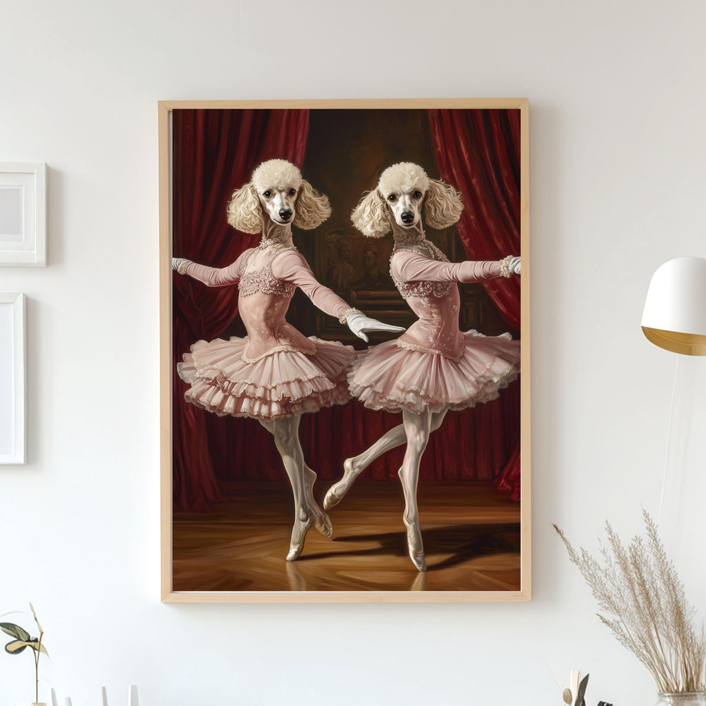 Ballerina Pet Portrait - Custom Print of Two Dogs as Ballet Dancers in Pink Dresses, Renaissance Dog Portrait from Photo, Pet Owner Gift