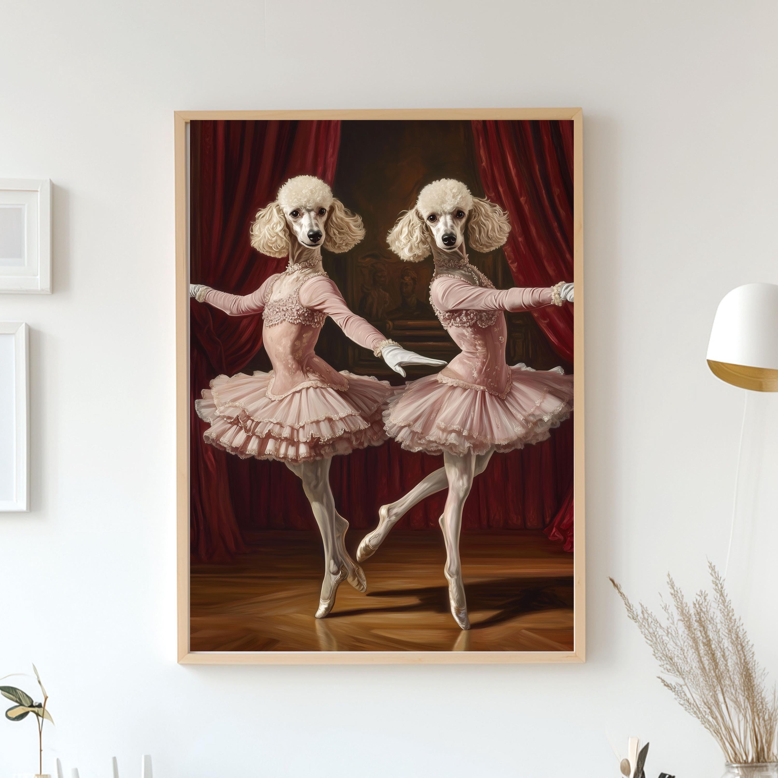 Ballerina Pet Portrait - Custom Print of Two Dogs as Ballet Dancers in Pink Dresses, Renaissance Dog Portrait from Photo, Pet Owner Gift