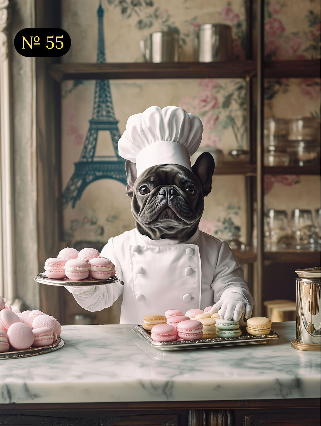 Custom Pet Portrait - French Chef Dog with Pastries - Funny Paris Bakery Pet Art - Canvas, Poster or Digital Portrait