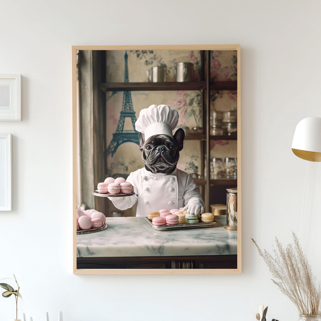Custom Pet Portrait - French Chef Dog with Pastries - Funny Paris Bakery Pet Art - Canvas, Poster or Digital Portrait