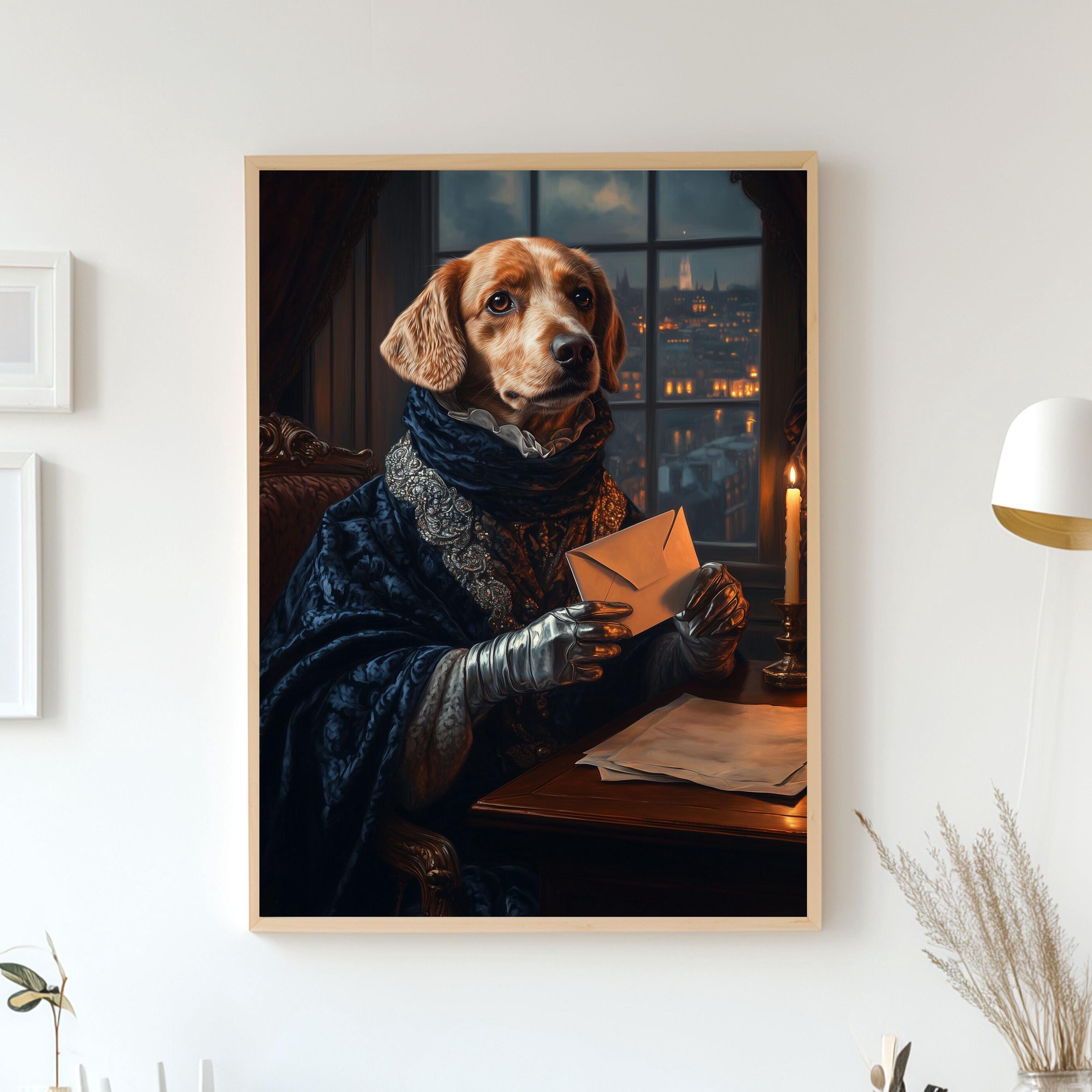 Custom Renaissance Pet Portrait - Mysterious Pet Holding Letter, Noble Pet in Shadows, Dramatic Dark Pet Art, Digital, Canvas or Poster Gift