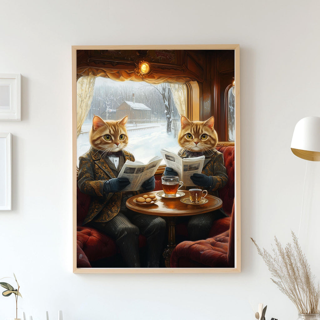 Custom Cat Portrait - Two Cats on Train Reading Newspaper - Funny Renaissance Pet Art - Digital File, Canvas, Poster or Framed Photo