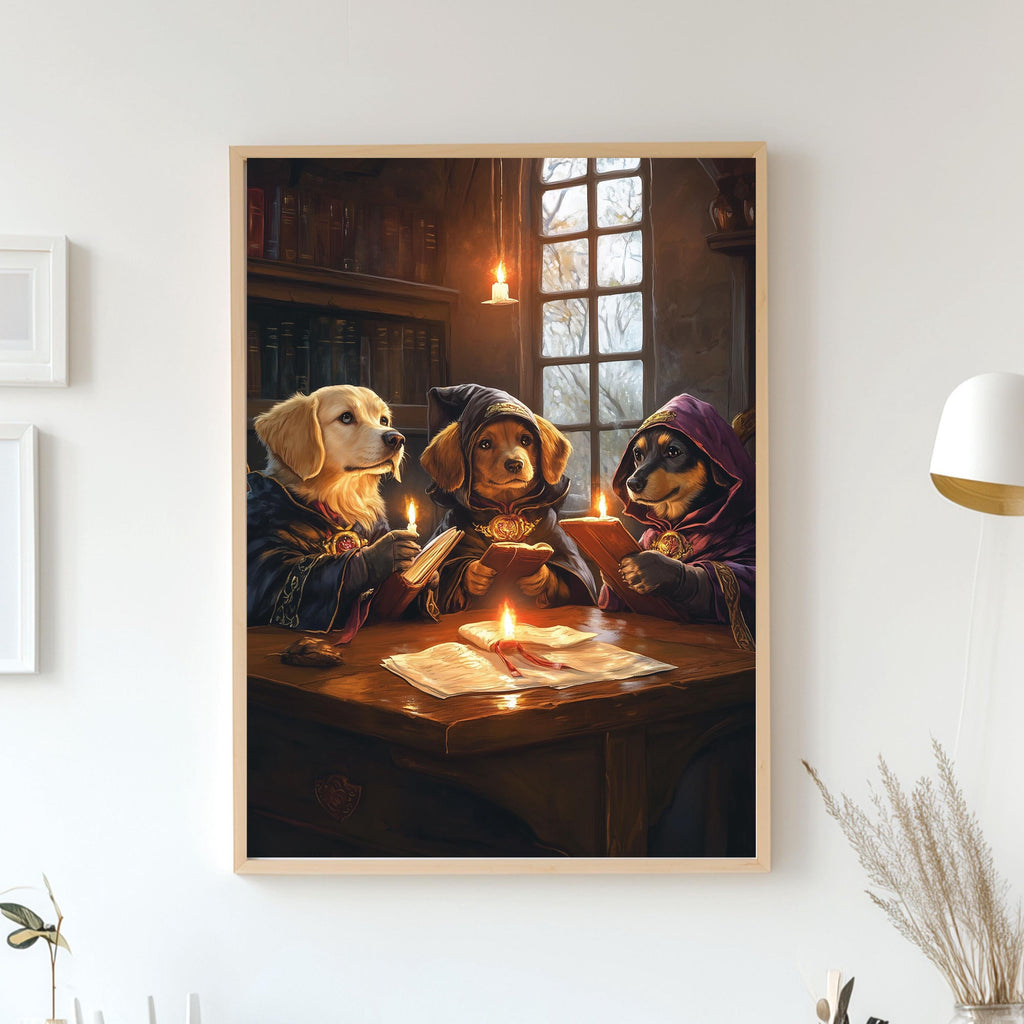 Custom Pet Portrait - Three Dogs Reading by Candlelight - Dark Academia Pet Art - Hooded Wizard Pets in Robes - Canvas, Poster or Digital