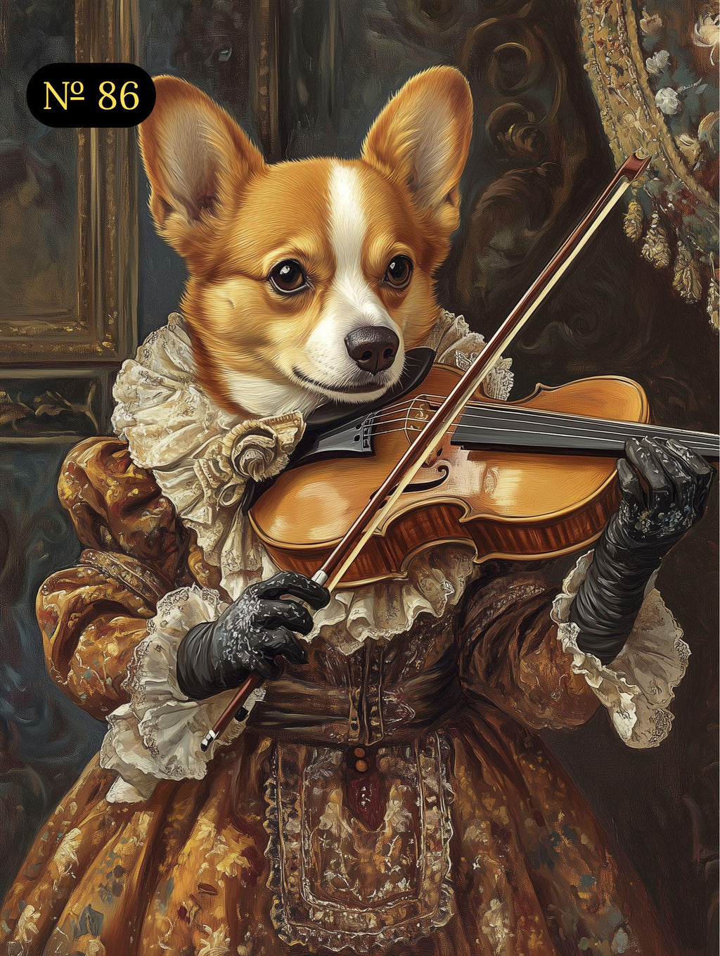 Royal Pet Portrait from Photo - Pet Playing Viola in Costume and Gloves, Custom Renaissance Pet Portrait, Canvas, Poster or Digital Portrait