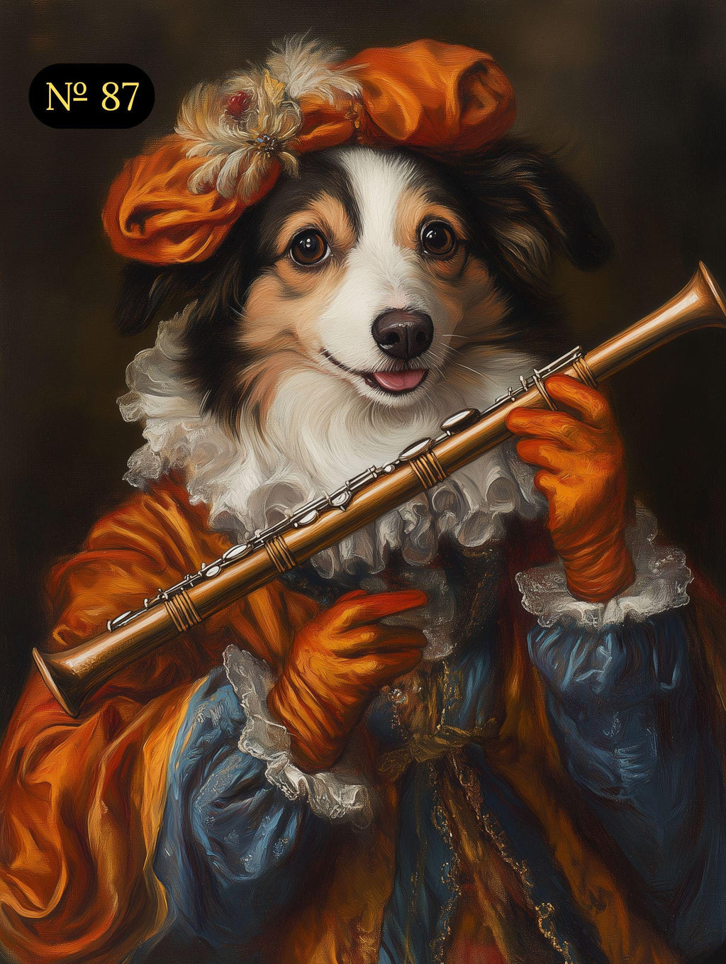 Royal Pet Portrait from Photo - Pet Playing Flute in Costume and Gloves, Custom Renaissance Pet Portrait, Canvas, Poster or Digital Portrait