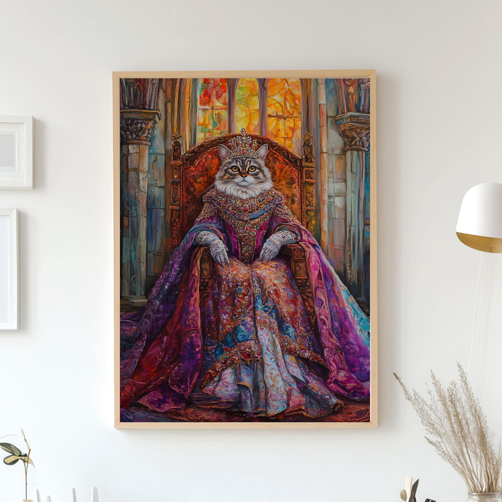 Custom Royal Pet Portrait - Girl Pet on Throne in Purple Dress - Renaissance Queen Pet Art - Canvas, Poster or Digital Portrait