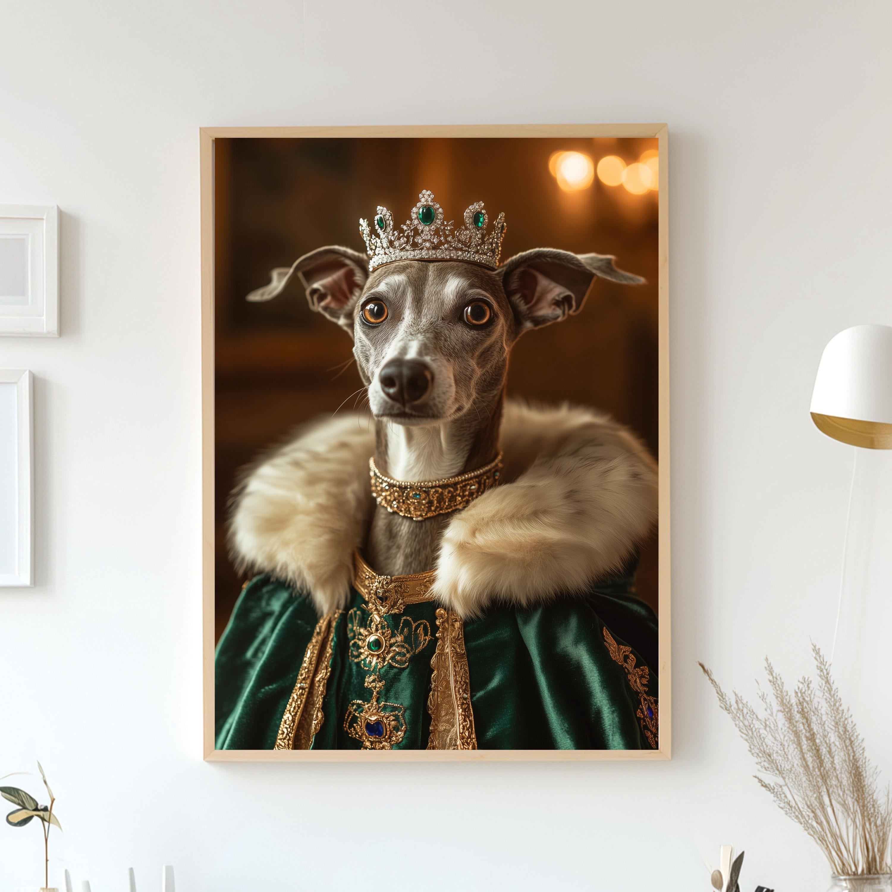 Custom Pet Portrait - Royal Pet in Green Dress and Crown, Elegant Girl Dog or Cat Art - Poster, Canvas or Digital Portrait