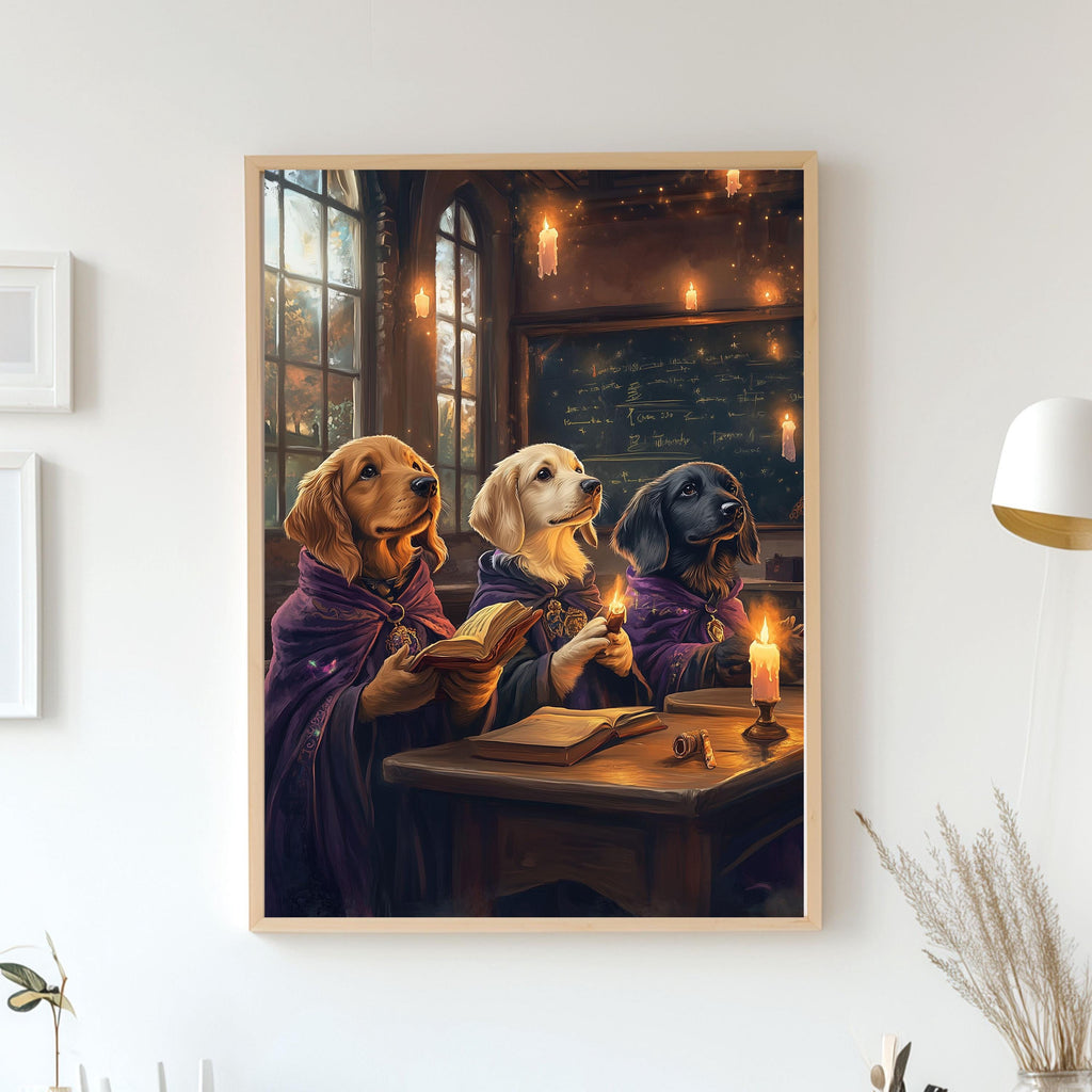 Custom Pet Portrait - Dark Academia Three Pets Studying by Candlelight, Moody Renaissance Animal Portrait - Digital, Canvas or Poster Gift
