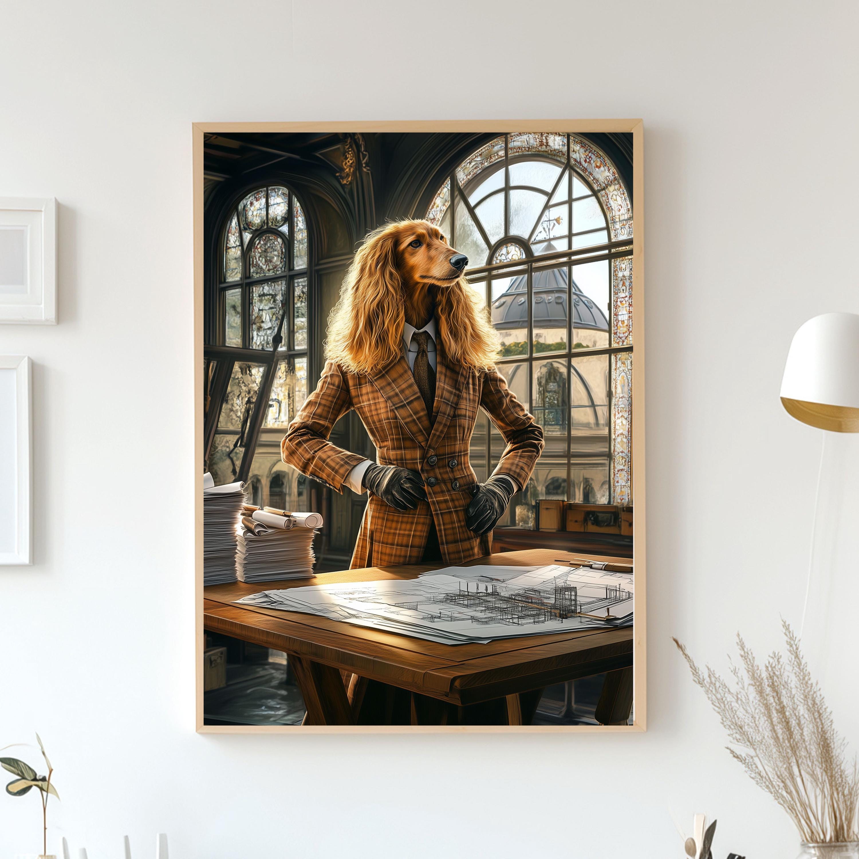 Custom Pet Portrait - Pet Architect with Blueprints and Models - Funny Smart Pet Art - Canvas, Poster or Digital Portrait, Funny Pets Gift