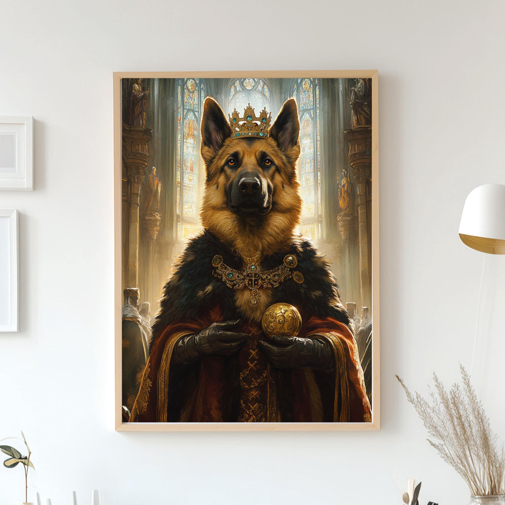 Custom Royal Pet Portrait - Coronation Dog in Crown Holding Orb, Noble Pet in Temple, Renaissance King Pet Art - Digital, Canvas or Poster