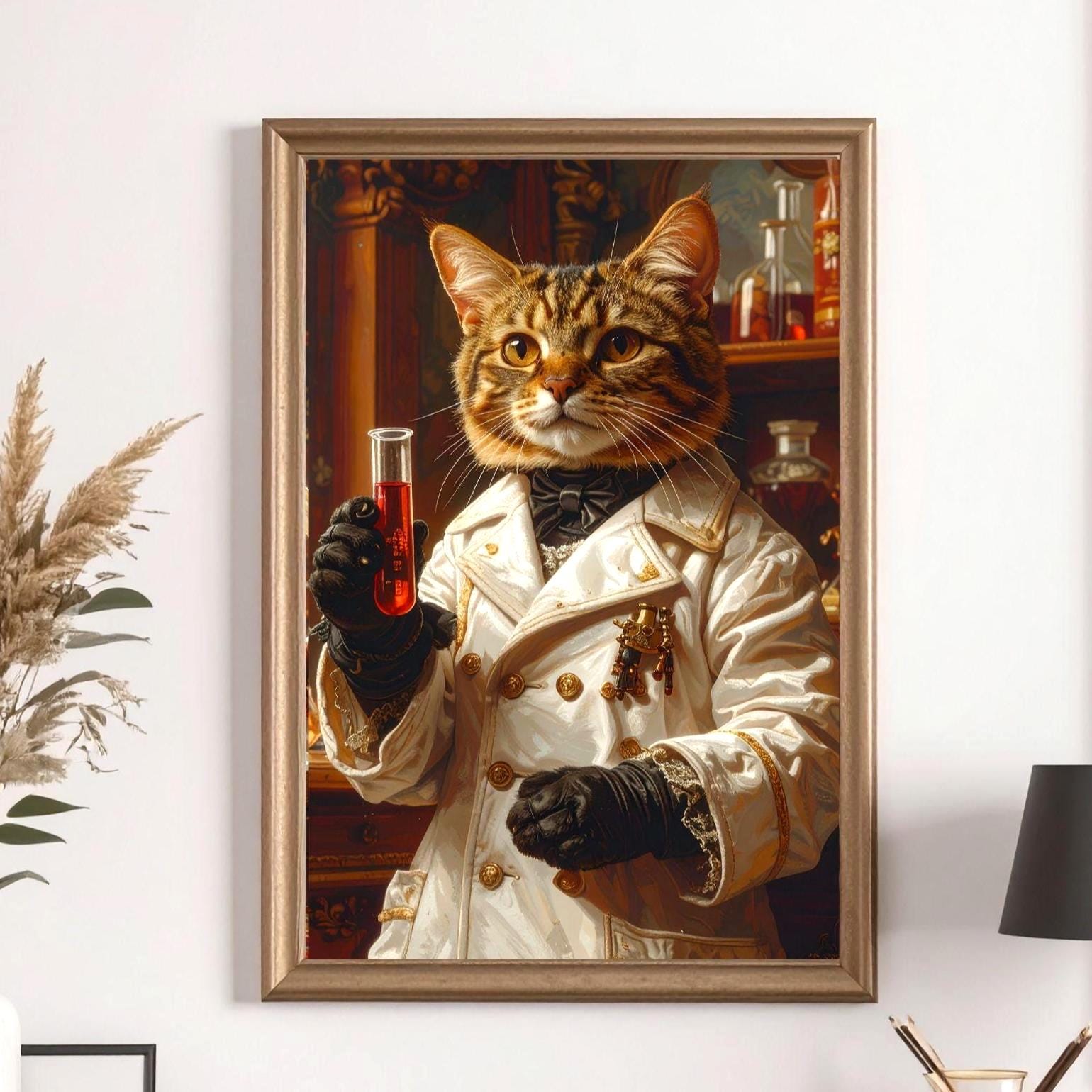 Custom Renaissance Pet Portrait - Male Pet Doctor in White Coat with Test Tubes and Roses - Canvas, Poster, Photo or Digital File