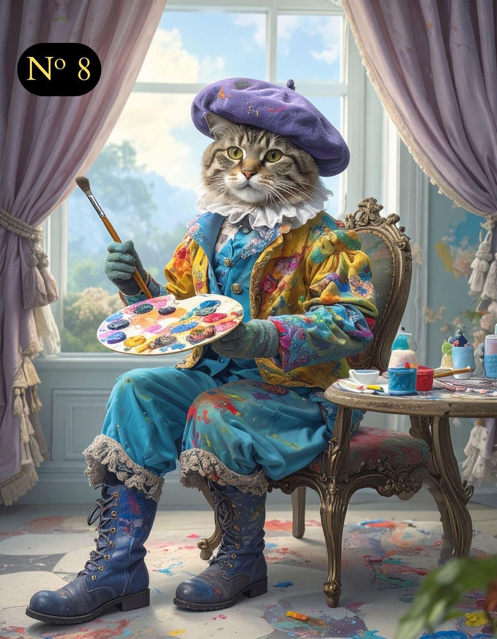Custom Renaissance Pet Portrait from Photo - Pet Artist in Beret with Paint and Brushes - Canvas, Poster, Photo or Digital File
