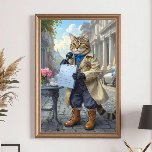 Custom Pet Portrait - Cat Journalist with Notebook Art - Canvas, Poster, Photo or Digital