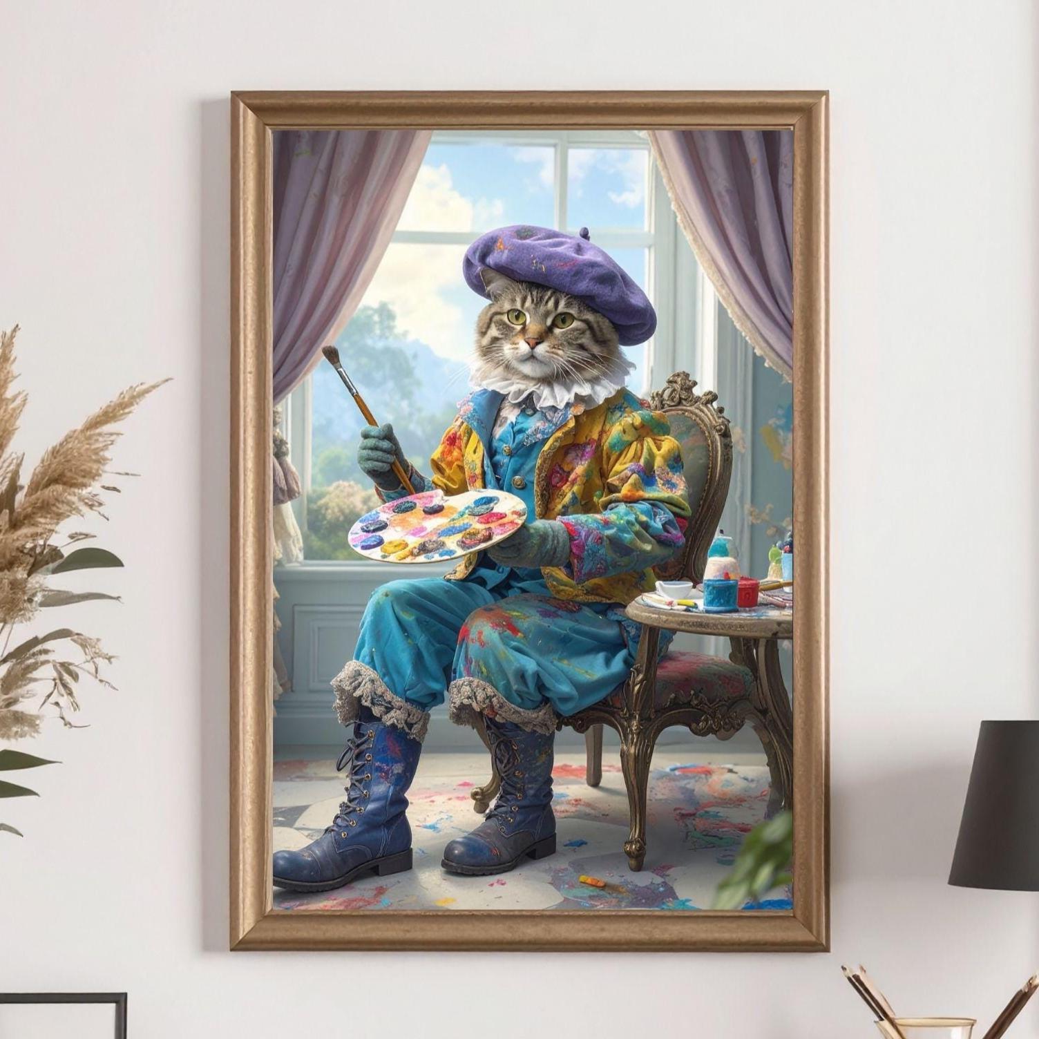 Custom Renaissance Pet Portrait from Photo - Pet Artist in Beret with Paint and Brushes - Canvas, Poster, Photo or Digital File