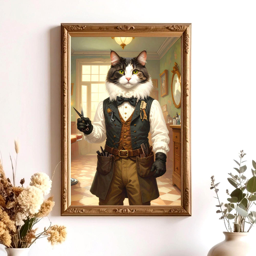 Custom Renaissance Pet Portrait – Pet Barber Hairdresser in Salon - Canvas, Poster or Digital File
