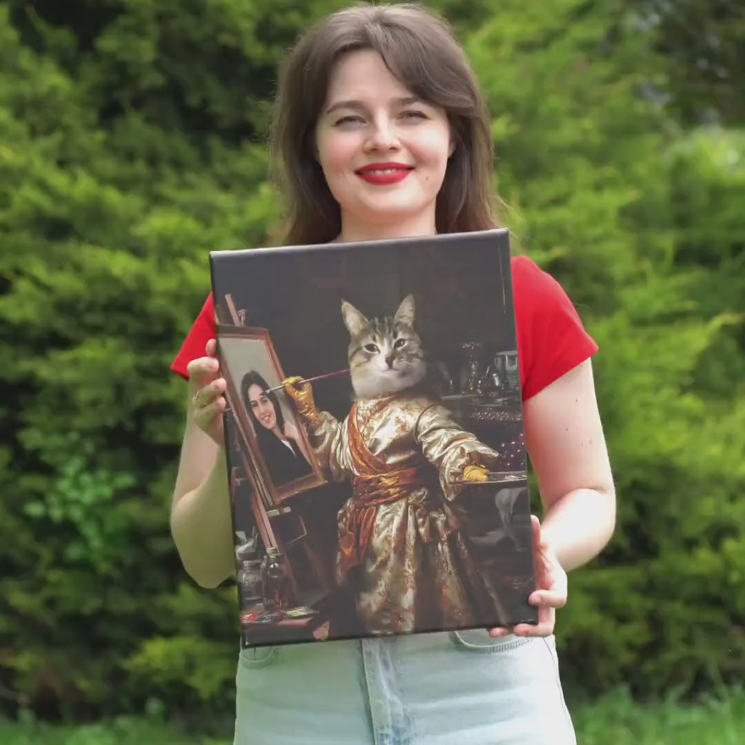 Custom Royal Pet Portrait from Photo - Cat Painting Its Owner - Funny Personalized Renaissance Style Canvas, Poster or Framed Photo